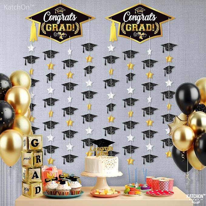 Graduation Decorations 2026, Black and Gold Graduation Cap Garland - Pack Of 2, No DIY | Congrats Grad Garlands for Graduation Cap Decoration | Graduation Party Decorations 2026, KatchOn