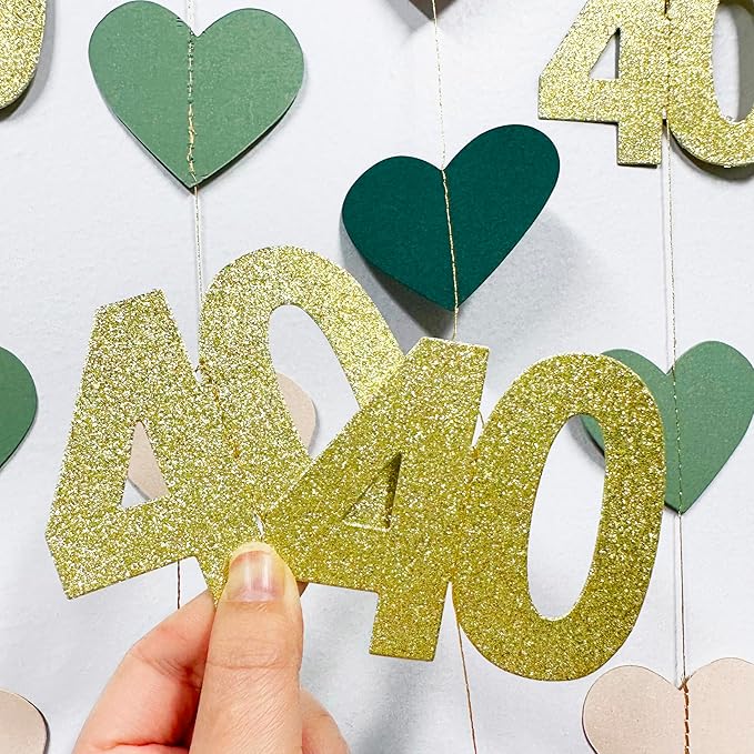 Sage Green Gold 40th Birthday Decorations Sage Green Gold Heart Garland Streamer Banner Backdrop for Women Happy 40th Birthday Vintage 1986 Cheers to 40 Years Old Fabulous Anniversary Party Supplies
