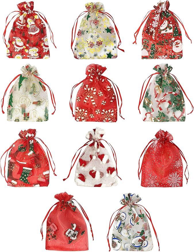 Jexila 24PCS Christmas Organza Gift Bag 4X6 with Drawstring 11 Mix Pattern Small Goodie Candy Party Favor Xmas Gift Bags