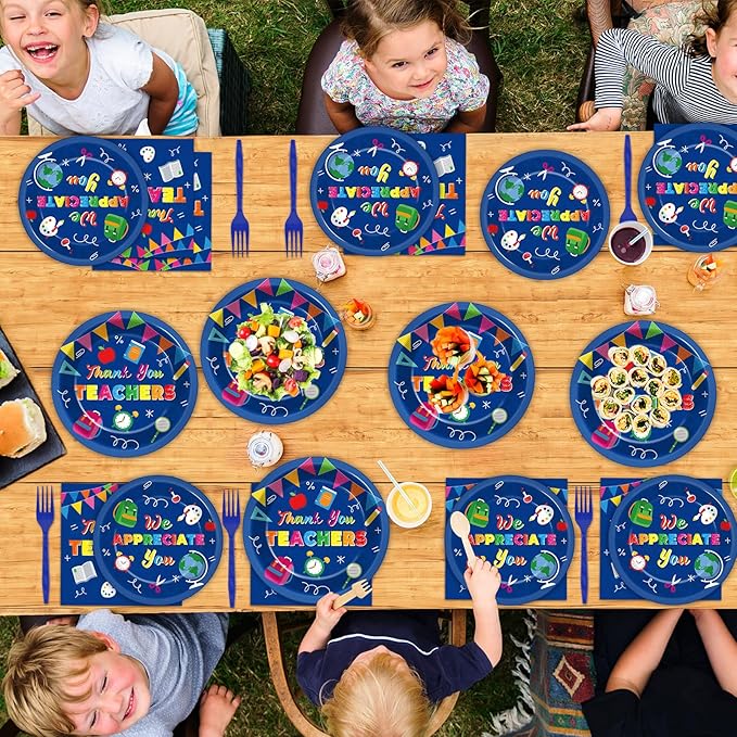 Qyeahkj 100 Pcs Thank You Teachers Decoration for We Appreciation You Paper Plate Napkin Set Graduation Be Thankful to Teacher Table Supplies Thank You Plates Teachers Day Tableware Decor Serves 25