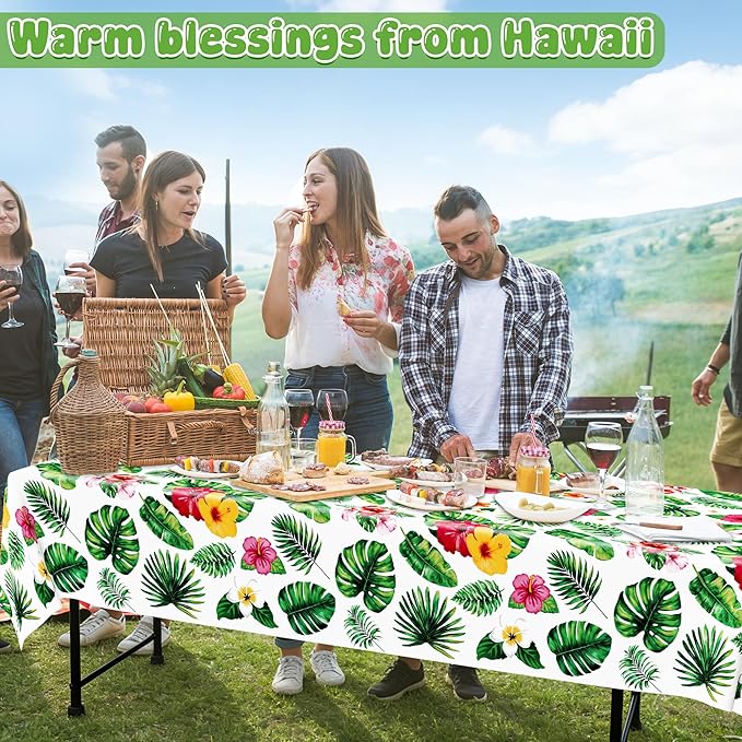 QZYL 4Pcs Luau Party Decorations, 108" X 54" Floral Leaf Tablecloth, Disposable Plastic Luau Party Decorations, Rectangle Tropical Palm Tablecover for Hawaiian Theme Decor Tropical Summer Beach Pool