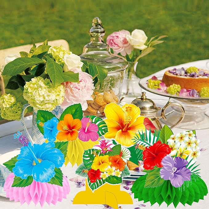 Hawaiian Tropical Party Honeycomb Centerpieces 12Pcs Hibiscus Flower Palm Leaves Centerpieces for Tables Hawaiian Flower Centerpieces Decorations for Hawaii Luau Aloha Party Supplies
