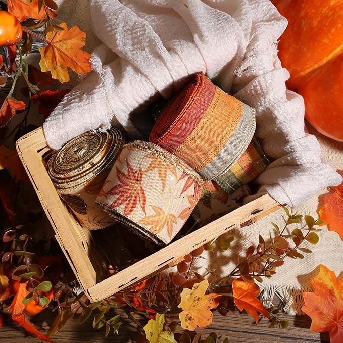 LaRibbons Fall Burlap Ribbon Wired 2 1/2" x 10 Yards 2 Rolls, Maple Leave Striped Ribbon for Autumn Wreath Thanksgiving Farm Gift Wrapping Home Decor