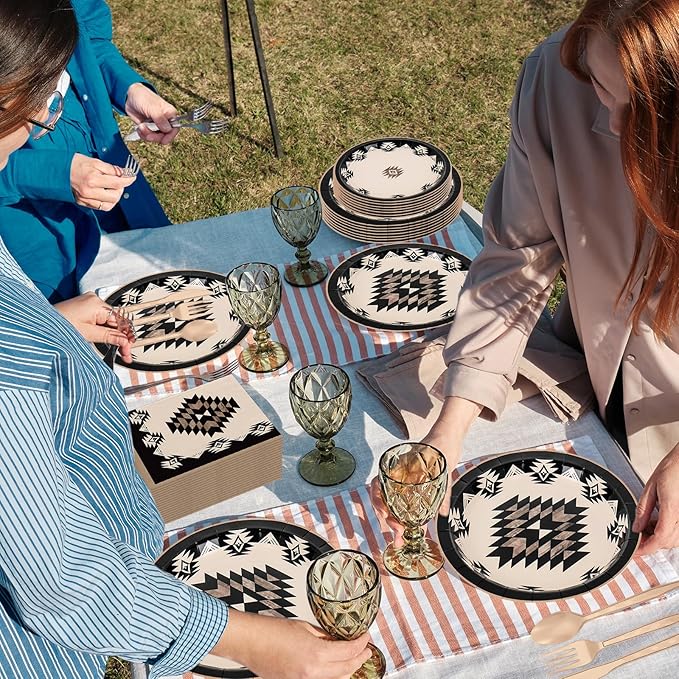 FYSUIMU 150 Pcs Western Theme Tableware Set Simple Modern Aztec Disposable Dinnerware Disposable 7" 9" Plate Paper Napkin Plastic Knives Forks Spoons, Serves 25
