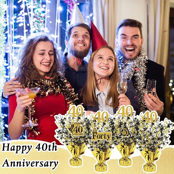 Tatuo 4 Pcs Metallic Foil Spray Centerpiece Happy 30th 40th 50th 60th Years Centerpiece Table Decorations for Black and Gold Birthday Anniversary Wedding Party Table Decor(40th Birthday)