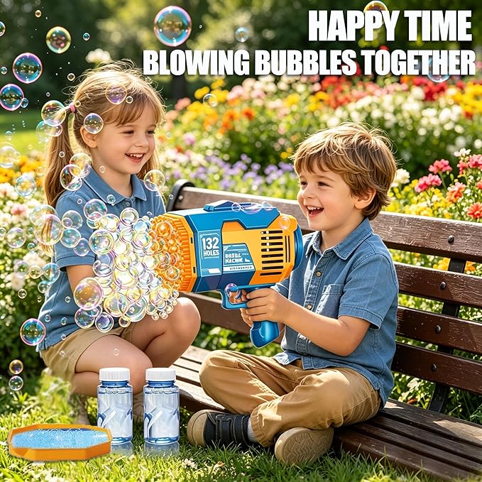 Upgraded 132 Holes Bubble Machine Gun,Bazooka Bubble Machine,Rocket Bubble Gun Bubble Machine,Summer Toys Bubble Blaster Maker for Kids, Wedding, Birthday Gift (Light Blue)