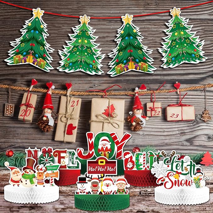 KALEFO 12 Pcs Christmas Honeycomb Centerpieces Santa Reindeer Design for Winter Xmas Holiday Party 3D Table Decor Supplies