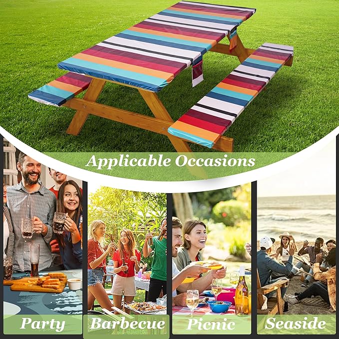 Fitted Picnic Table Cover with Bench Covers Waterproof Elastic Edges Rectangle Patio Tablecloth Outdoor Camping Essentials Stuff Rv Accessories Summer Trip Travel Supplies Party Camper Gifts, 6 ft