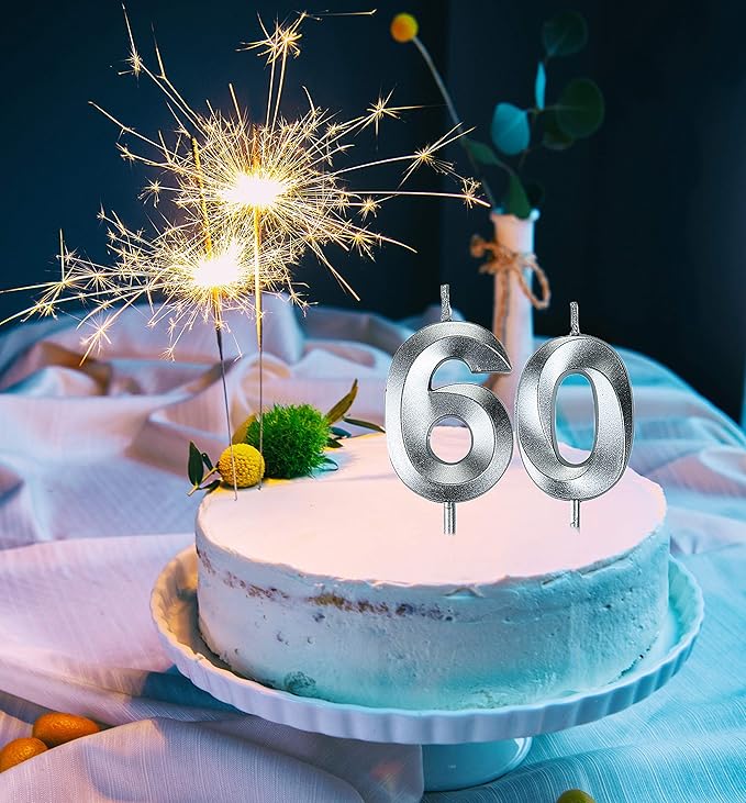 Bailym Silver 60th Birthday Candles, Number 60 Cake Topper for Birthday Decorations Party Decoration