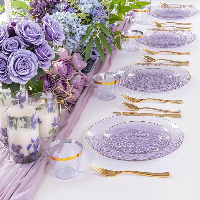 Rubtlamp 175 Pcs Purple Plastic Dinnerware Set (25 Guests), Clear Purple Plates With Gold Rim, Hammered Party Platos, Plates And Cups And Napkins Sets for Wedding, Party