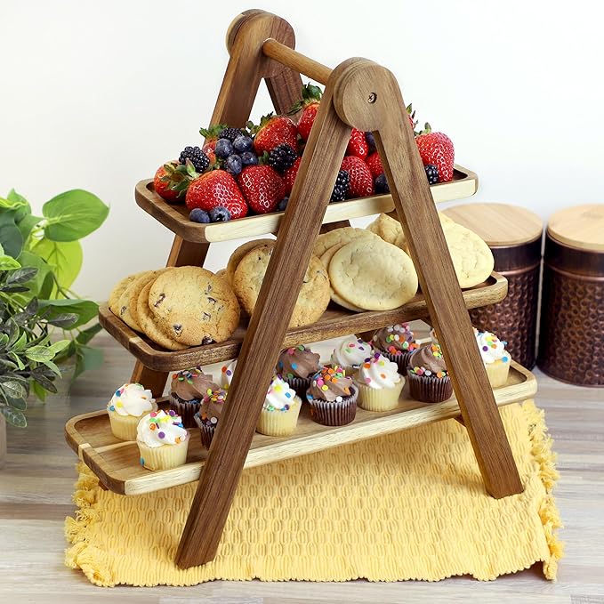 Elama Acacia Wood 3 Tiered Rectangular Ladder Tray Serving Set, Cupcake Tray, Serveware Set, Decorative