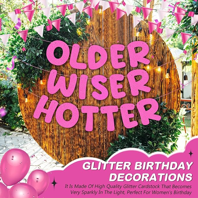 Fulmoon Set of 3 Pre Strung Older Wiser Hotter Glitter Banner Funny Birthday Banner for Women 30th 40th 50th 60th 70th 80th Birthday Party Decorations Sign Gift(Light Pink)