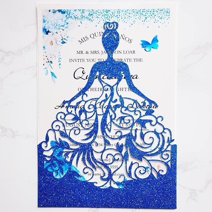 5 x7.3 Inch 20PCS Royal Blue Quinceanera Invitations Cards, Sweet 16 Laser Cut Girl Princess Invitation Card Kit with Envelopes for Wedding, Party, Quinceañera, XV Años, Mis Quince (Royal
