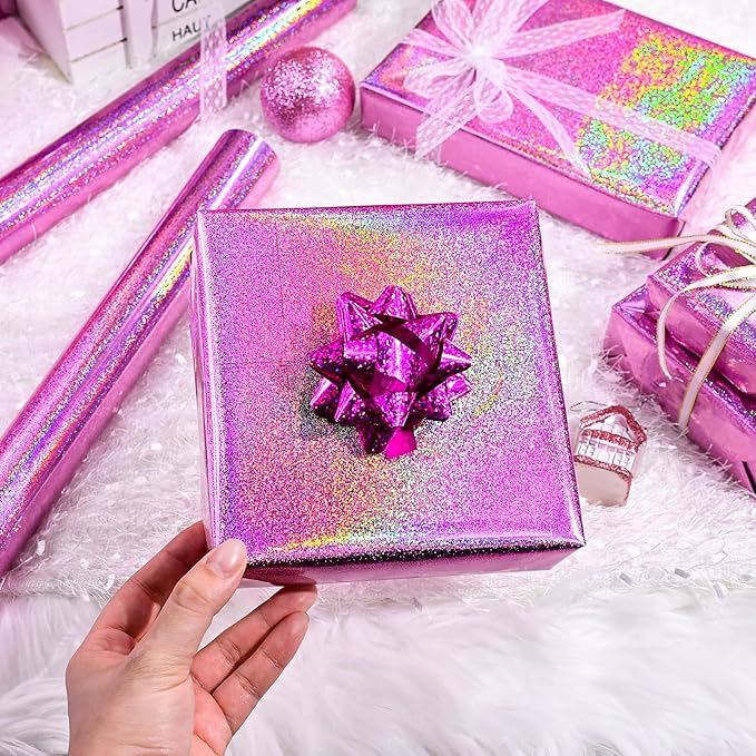 Burymento Pink Wrapping Paper Roll, Metallic Holographic Point Gift Wrap for Birthday, Valentines, Mothers day, Graduation, Wedding, Fathers day, Baby Shower, Christmas (17 IN x 32.8 FT)