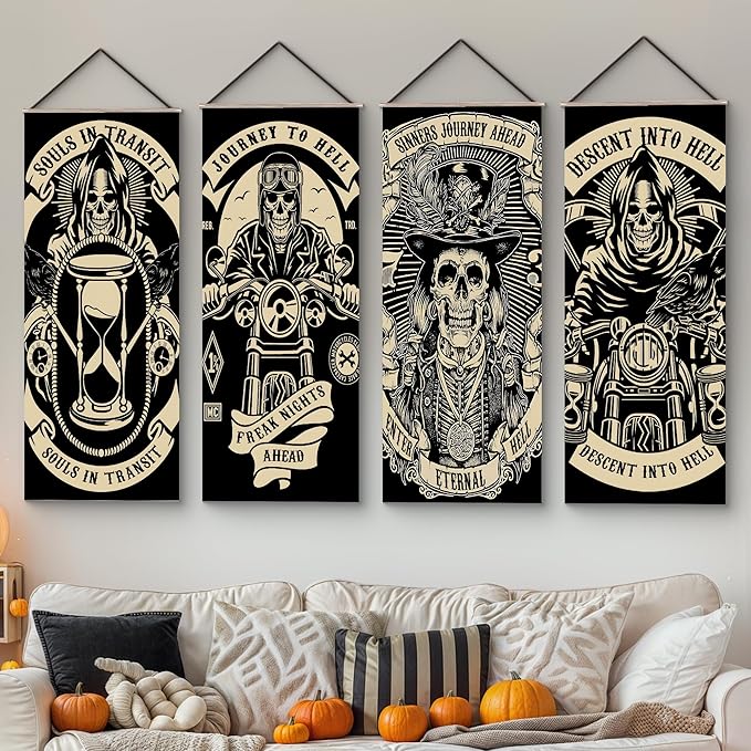 KatchOn, Scary Halloween wall decorations - Pack of 4 | Grim Reaper Stretching Portraits For Halloween Decoration | Vintage Vinyl Hanging Portraits for Haunted House Decoration for Outdoor Indoor Home