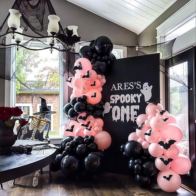 Pink Black White Halloween Balloon Garland Kit,118pcs Pastel Halloween Ghost Striped Foil Balloon Arch with 3D Bats for Girl Kawaii Spooky One Birthday Backdrop Baby Shower Birthday Party Decorations