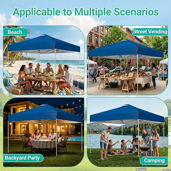 10 x 10FT Blue Pop Up Canopy Tent, Easy Setup Outdoor Portable Gazebos Shelter Sun Shade with Wheeled Carry Bag, Sandbags for Events, Party, BBQ, Backyard, Adjustable Height