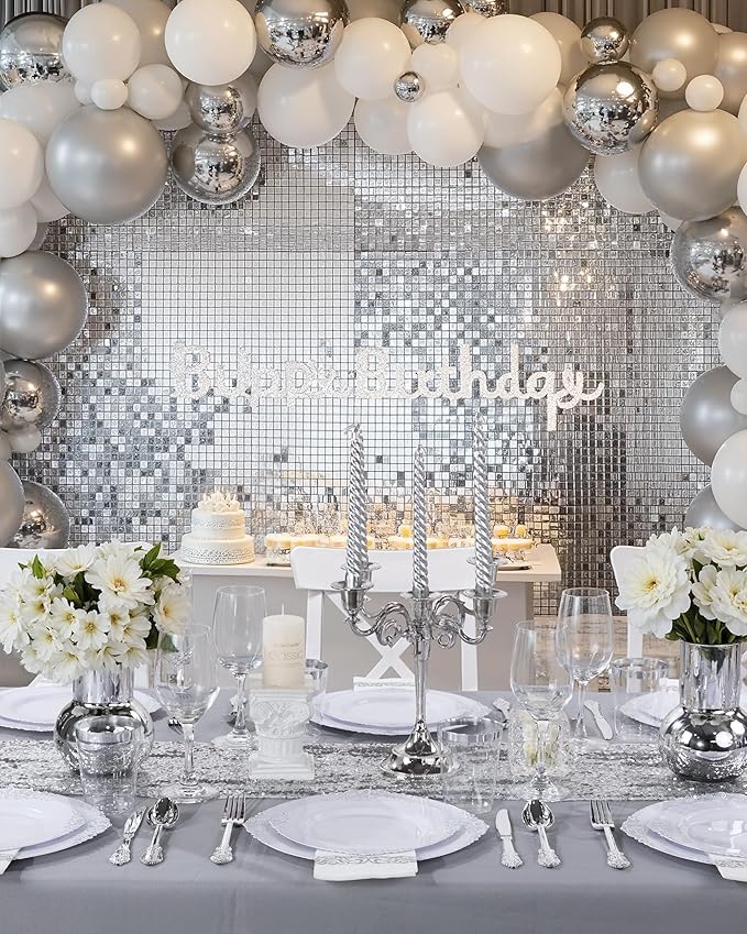 Nervure 350PCS Silver Plastic Dinnerware - White and Silver Disposable Plates for 50 Guests - 100 Disposable Plates, 150 Plastic Silverware, 50 Cups, 50 Napkins for Wedding & Party