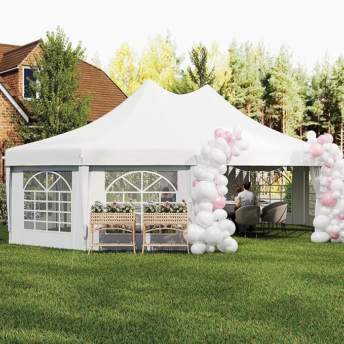 Outsunny 29 x 21 ft Party Tent, Outdoor Wedding Tent with Sidewalls, 2 Doors and 8 Windows for Party, White