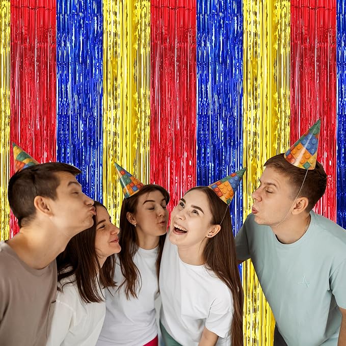 BEISHIDA 3 Pcs Red Blue Gold Door Streamers Curtain Birthday Party Streamers Backdrop Happy Birthday Party Wall Background for Party Decoration Photo Booth Props(3.28 ft x 6.56 ft)