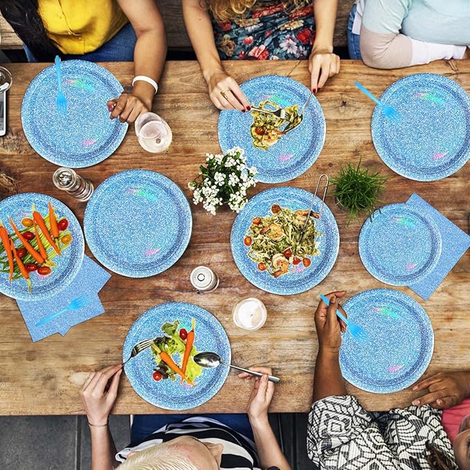 96 Pcs Blue Party Supplies Holographic Rainbow Light Blue Plates and Napkins Tableware Set Iridescent Blue Party Decorations for Summer Birthday Party Wedding Anniversary Bridal Baby Shower Serves 24