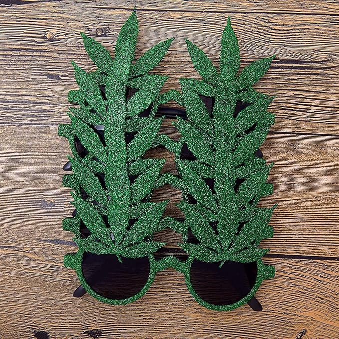 5 Pairs Marijuana Glasses Glittered Weed Glasses Pot Leaf Round Lens Sunglasses for Halloween Costume Green