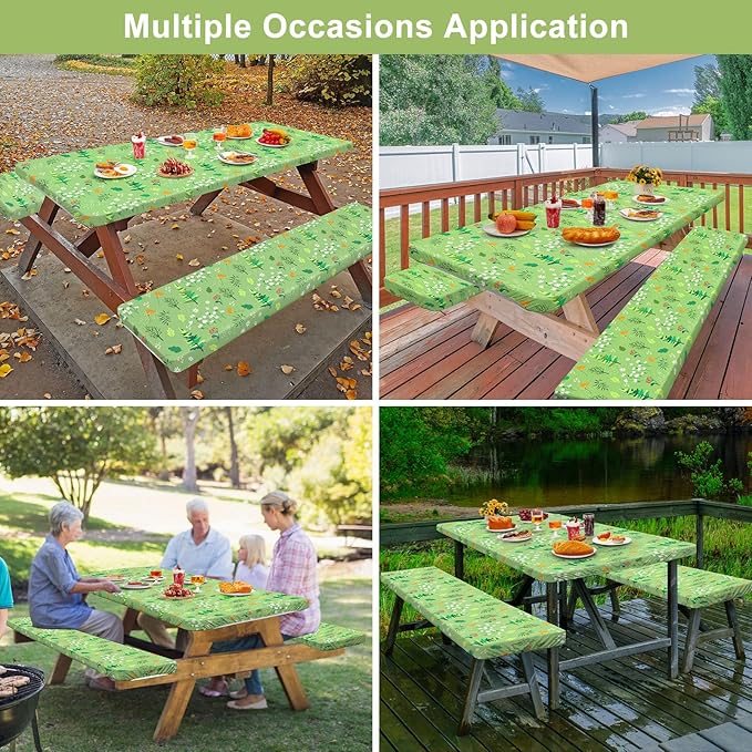 Picnic Table Cover with Bench Covers Camping Essentials Waterproof Windproof Camping Tablecloth with Drawstring Bag, Fitted Rectangle Tables and Seats, 96in, Grass Green