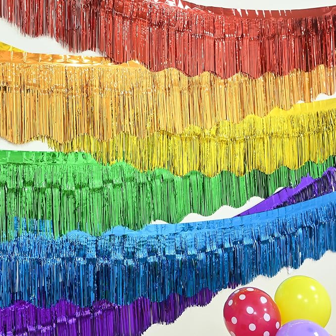LOLStar Rainbow Foil Fringe Garland Pride Decorations, 6 Pack 59Ft Rainbow Tinsel Metallic Glitter Banner, Hanging Tinsel Fringe Banners for Birthday Pride Month Parade Floats Wedding Decor