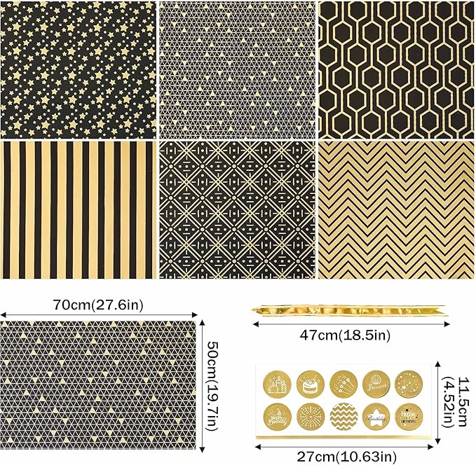 Larcenciel Gift Wrapping Paper Set, 6 Sheets Metallic Black Gold Foil Wrapping Paper w/Gift Bow & Sticker, Shiny Luxury Men Boys Gift Wraps for Birthday, Holiday, Graduation, Baby Shower, 27.5x19.6in