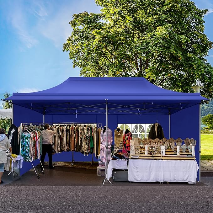 COBIZI 10x20 Pop Up Canopy Tent Heavy Duty with Sidewalls, Outdoor Commercial Canopy with Awning, Waterproof&45 SF Extended Awning, Vendor Tent for Market, Party Events, Dark Blue