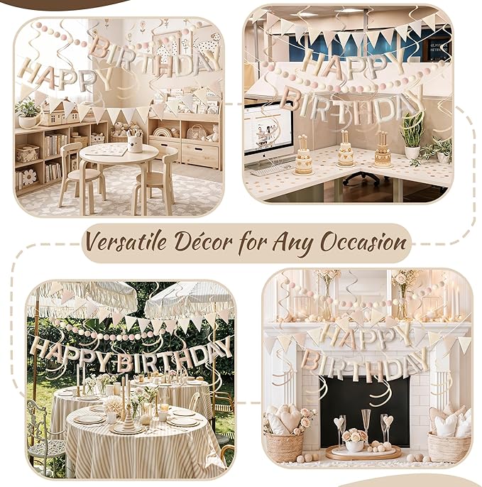 Kriyokiaa Pre-Strung Felt Happy Birthday Banner Retro Neutral Happy Birthday Party Decorations with Pom Pom Garland, Flag and Hanging Swrils for Women Men Boys Girls Party Decor