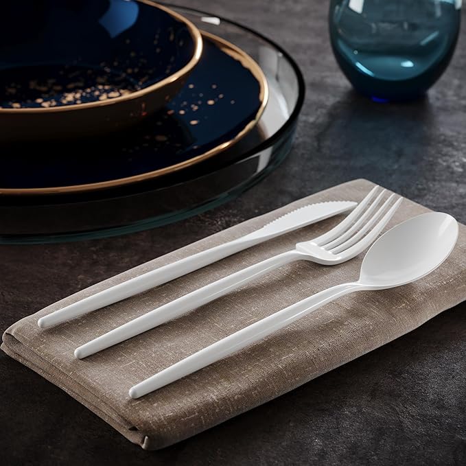 Trendables White Plastic Silverware Set White Silverware Disposable Forks and Spoons Disposable 120 Pack Plastic Utensils Set Includes 3 x 40 each Knives & Spoons & Forks For Parties and Events