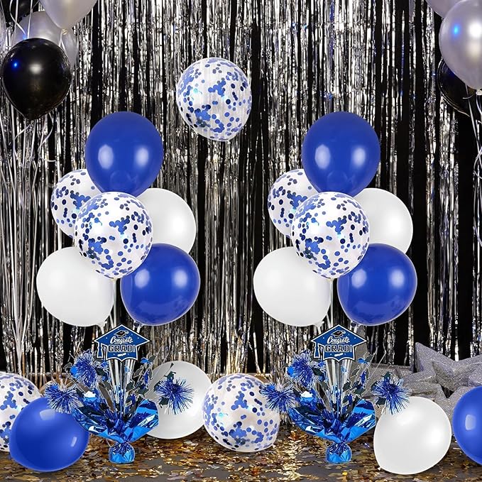 4 PCS Graduation Centerpieces for Tables Balloons Stand Holder Kit College Graduation Decorations 2026 Metallic Glitter Foil Balloon for Graduation Party Decorations Prom Send off Party(4, Blue White)