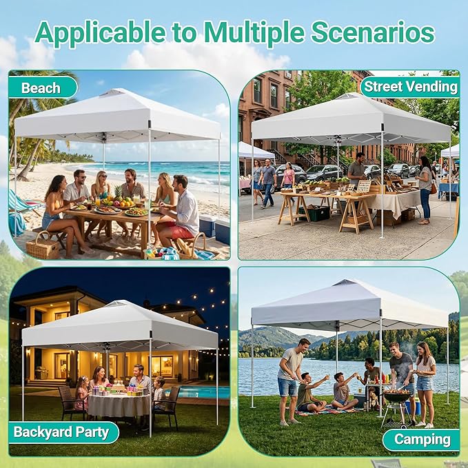 10 x 10FT White Pop Up Canopy Tent with Wheeled Carry Bag, Sandbags, Easy Setup Outdoor Portable Gazebos Shelter Sun Shade for Events, Party, BBQ, Backyard, Adjustable Height Canopy