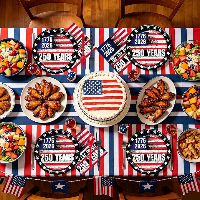 72PCS 250th Anniversary USA Party Supplies - Retro American Flag Paper Plates and Napkins Disposable Patriotic Tableware Set for 4th of July Memorial Day Party Decoration