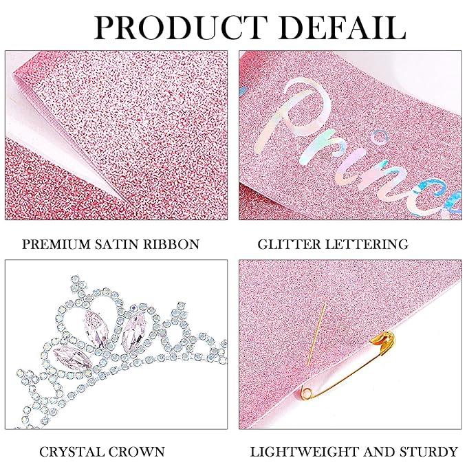 COCIDE Princess Sash and Tiara Set for Girls and Women - Happy Birthday Party Accessories Kit with Pink Crown, Crystal Rhinestone Tiara, Glitter Sash Decorations