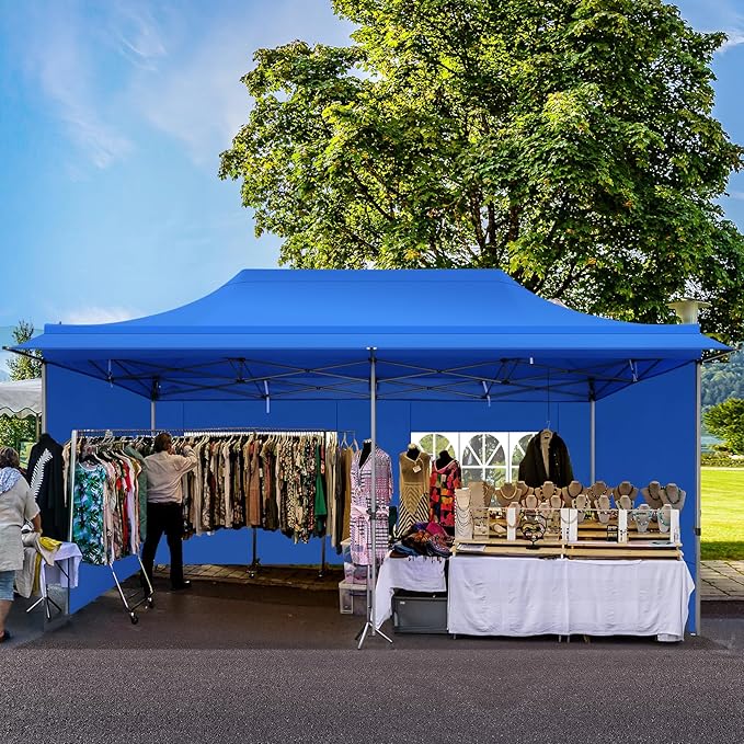 COBIZI 10x20 Pop Up Canopy Tent Heavy Duty with Sidewalls, Outdoor Commercial Canopy with Awning, Waterproof&45 SF Extended Awning, Vendor Tent for Market, Party Events, Blue