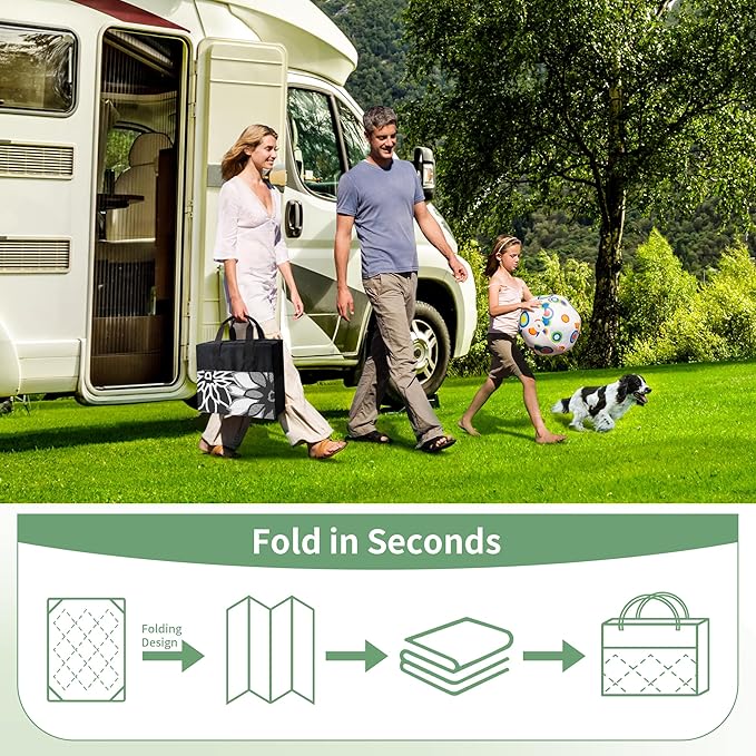 GENIMO Outdoor Rug Waterproof for Patio Decor, 6' x 9' Reversible Plastic Straw Floral Camping Carpet, Large Area Rugs Mats for RV, Camper, Deck, Balcony, Porch, Beach, Picnic, Black & White