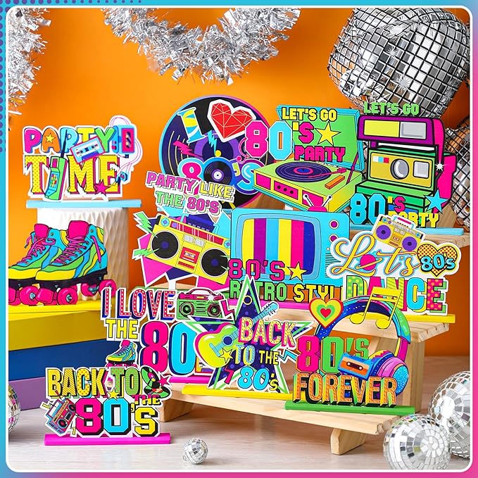 Marsui 12 Pcs 1980s Themed Wooden Decor Table Centerpieces Decorations for Home Wooden Sign Retro Wood Blocks Sign 80s Hip Hop Party 80s Theme Party Supplies