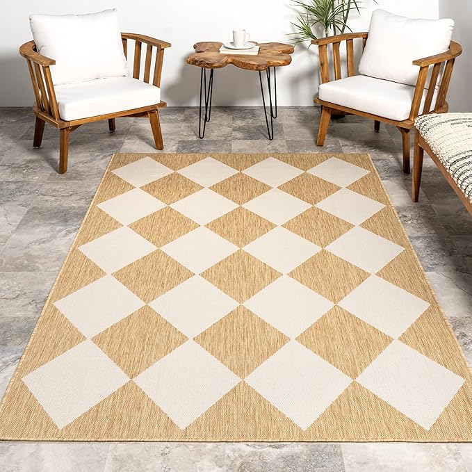 Nuloom Outdoor Performance Collection Sabina Tan/Ivory, 4' x 6', Soft, High Traffic, Stain Resistant, Easy Clean, Durable Area Rug for Indoor/Outdoor Patio, Deck, Porch, Garden, Courtyard