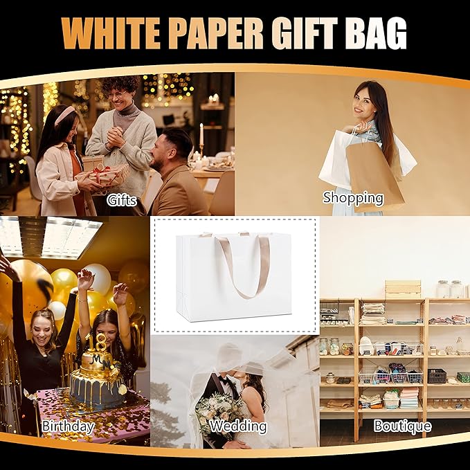 Gift Bags Bulk - 10Pcs 8"x3.75"x6" Small White Kraft Paper Bags With Handles for Shopping, Wedding, Party, Retail