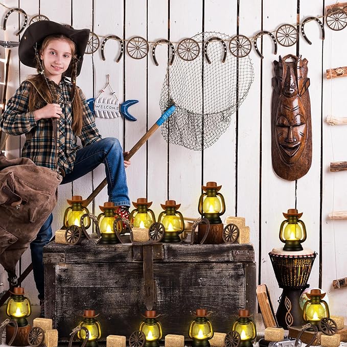 Ferraycle 60 Pcs Cowboy Theme Party Decoration Western Party Decor Rodeo Table Centerpieces Rustic Country Mini Cowboy Hat Lantern Horseshoe Wagon Wheel Hay Bales for Adult Cowgirl (Brown)