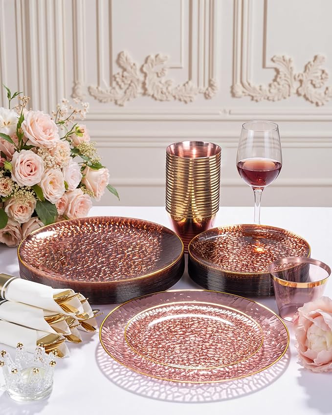 Hioasis 175PCS Clear Burgundy Plastic Plates - Hammered Disposable Dinnerware Set for Party Includes 25 Dinner Tableware, 25 Dessert Tableware,25 Cups,25 Rolled Napkin Cutlery for Mothers Day