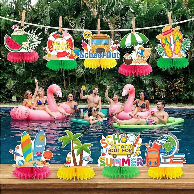 9 Pcs School Out for Summer Honeycomb Centerpieces Hello Summer Table Decorations Beach Palm Tree Surfboard School Bus Hawaiian Luau Party Supplies for Schools Classroom Summers Vacation Decor
