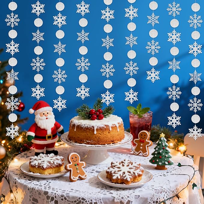 40 Feet Paper Snowflakes Garland Hanging White-Silver Glitter Christmas Snowflake Decoration Streamers for Winter Wonderland Decorations, Baby Shower New Year Ceiling Party Supplies