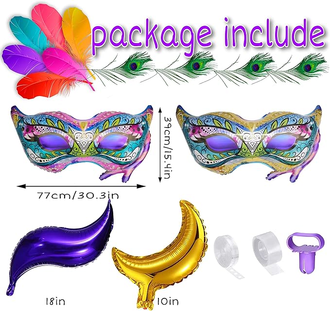 Mardi Gras Balloons Arch Garland Kit-Large mask balloon,Tail Moon Balloons and Purple Green Gold Balloons,Balloon Tie Tool,Balloon Strip Tape,Adhesive Dots for Carnival Birthday Party Supplies