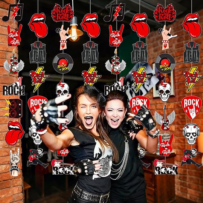8pcs Rock and Roll Party Hanging Garlands Rock Music Room Wall Decor Rockstar Birthday Ceiling Garlands Rock Guitar Party Decorations for Muscial Theme Baby Shower Supplies