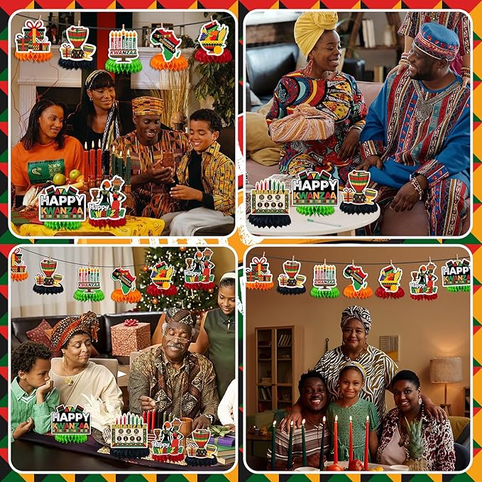 JULMELON 8PCS Kwanzaa Table Decorations Honeycomb Centerpiece, Kwanzaa Decor Traditional African Drum Candlestick Table Toppers Decorations for Office Home Party Favors Supplies