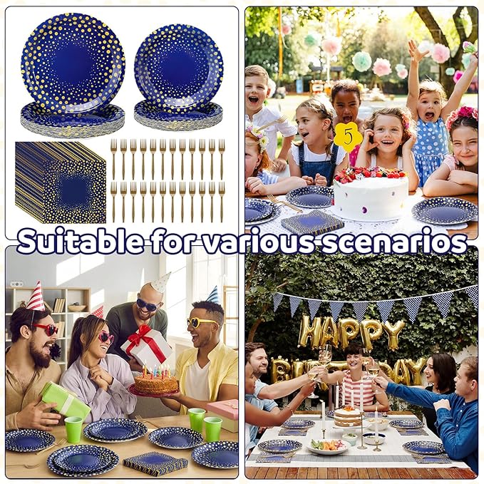Yungyan 96 Pcs Blue and Gold Party Supplies Disposable Tableware Set Include 24 Dots on Blue Paper Napkins 24 Large Plates 24 Small Plates 24 Forks for Graduation Birthday Party Decorations