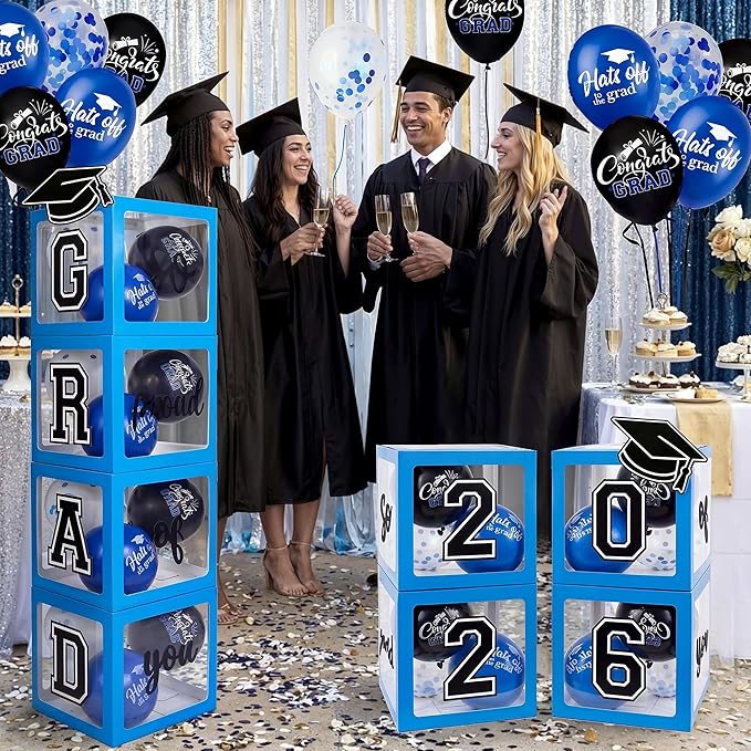 2026 Graduation Decorations 4 Grad Balloon Boxes with Letters 2026 Grad & So Proud of You and 18pcs Balloons Graduation Party Decorations (Blue)